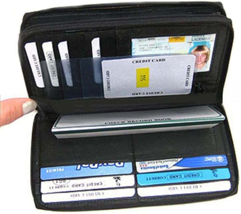 Black Dual Zipper Compartment Leather Credit Card Checkbook Organizer Wallet