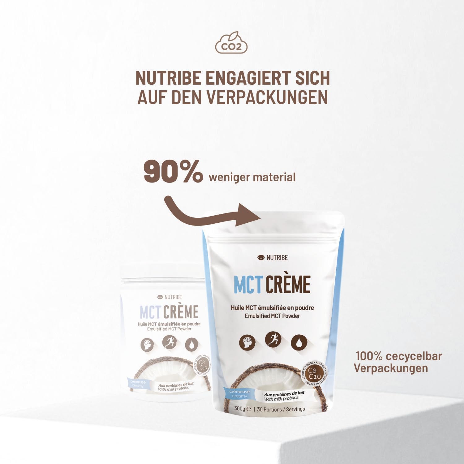 MCT-Öl-Pulver NUTRIBE Kokos C8 C10 mit Milcheiweiß 300 g | Creamer für Keto Diät | Ketose, intermittierendem Fasten, Low Carb Diät zum Abnehmen