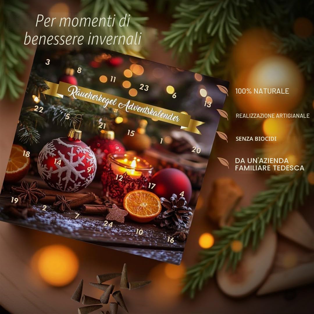 Calendario dell'avvento con coni d'incenso Luxflair - 24 fragranze invernali, 48 coni, fatti a mano, aromi naturali, idea regalo per Natale
