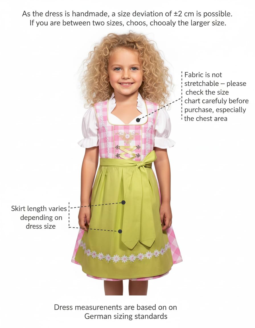 German Dress for Girls Bavarian Dirndl Oktoberfest Children Dress Carnival Halloween Size 2T,4T,6,8,10,12,14, Pink, 6