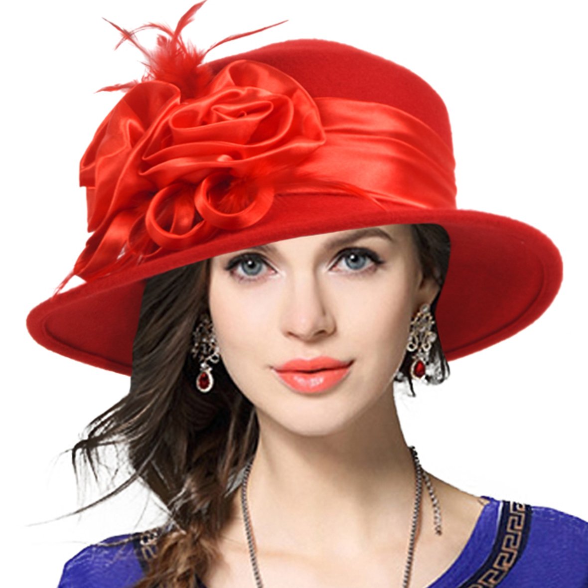 VECRY Women's Wool Church Dress Cloche Hat Plumy Felt Bucket Winter Hat