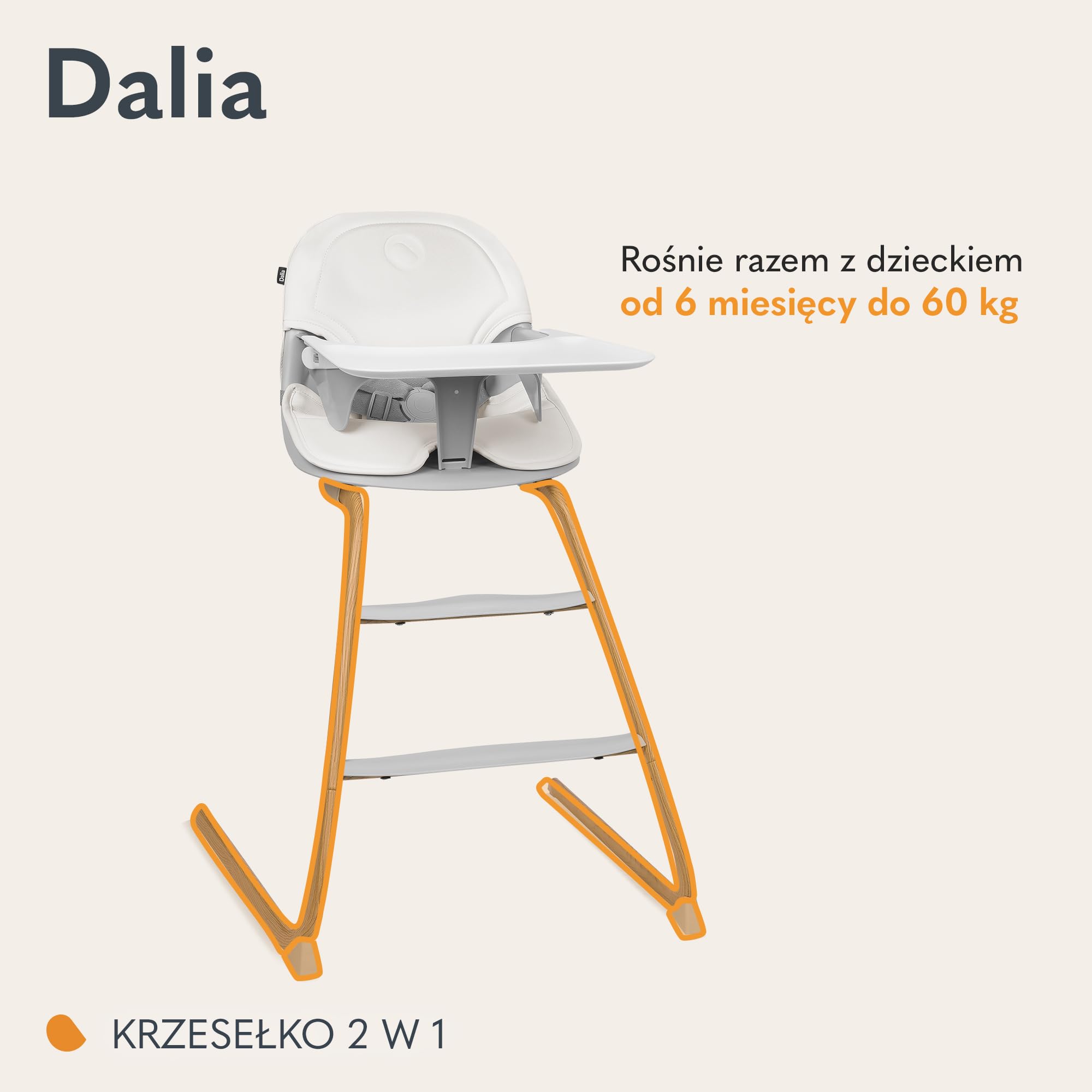 LIONELO DALIA 2 w 1 Krzesełko Dziecięce do Karmienia 6-36 miesięcy 15 kg, Krzesełko dla Starszych Dzieci do 60 kg, 5-Punktowe Pasy, 2 Podnóżki, Taca, Rośnie wraz Dzieckiem (Szary naturalny)