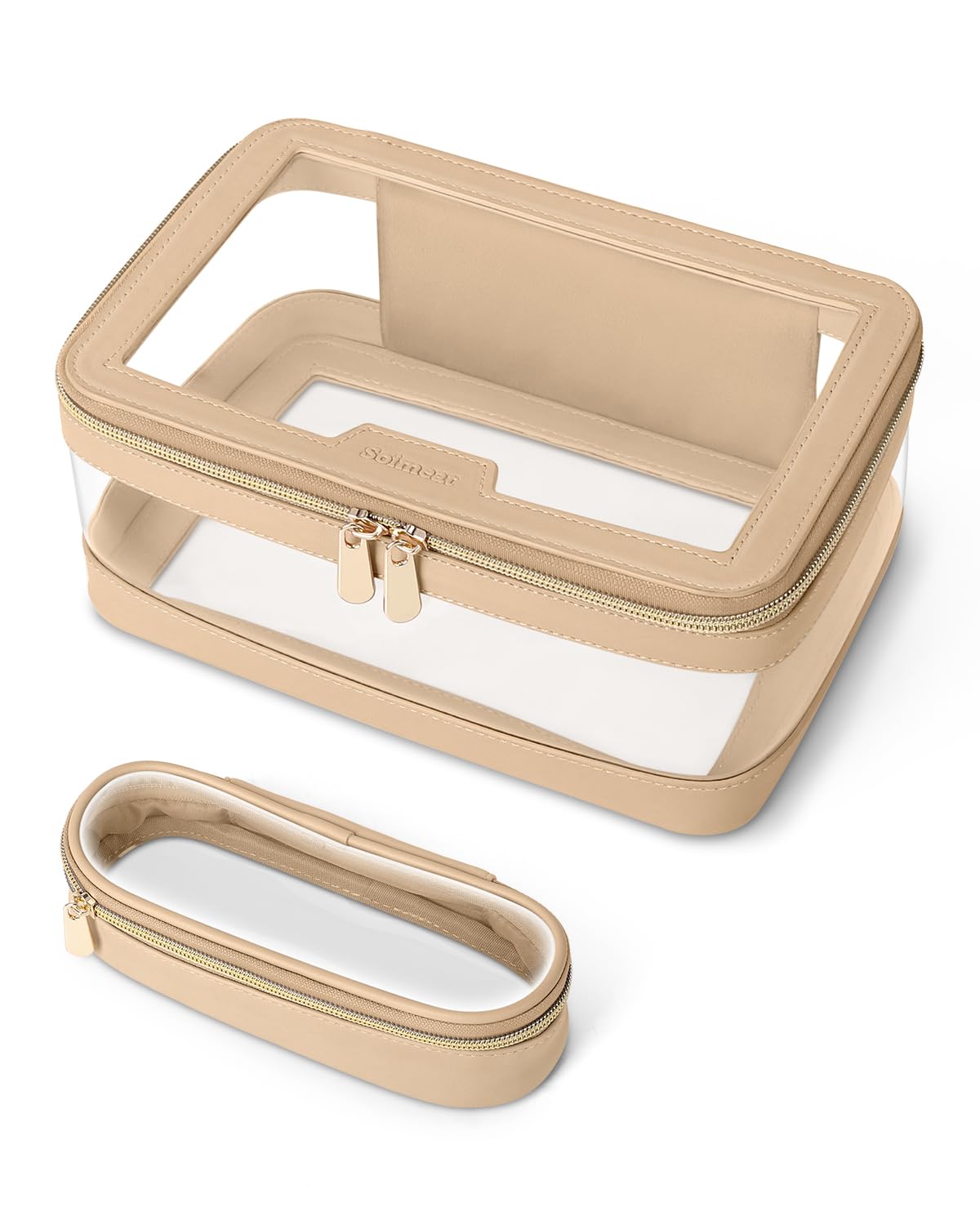 Travel Clear Makeup Bag with Makeup Brush Bag, Leather Makeup Case Toiletry Bag, Portable Cosmetic Bag Case, Transparent Waterproof Cosmetic Organizer Storage Bag for Women, Khaki