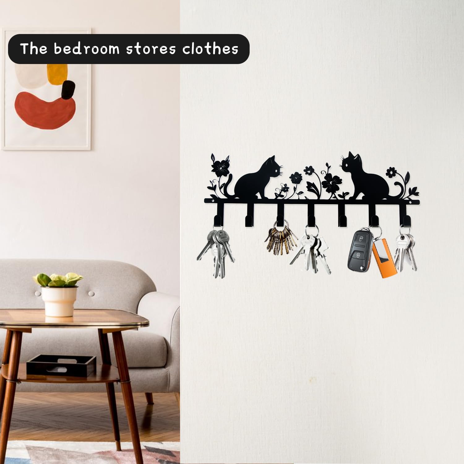 Colgador Llaves Pared Negro con 7 Ganchos, Porta Llaves de Pared para Hogar
