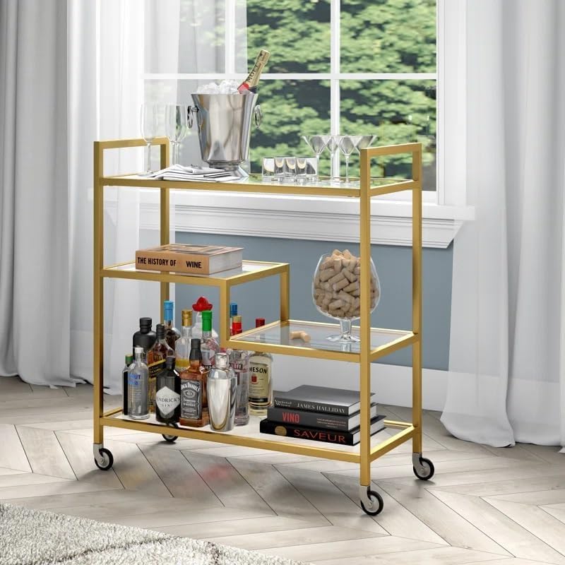 LINGWEI Metal Serving Trolley for Home, Restaurant, and Hospitality - 1.3cm Metal Frame Rolling Tea Cart with Lockable Wheels - 3-Tier Bar Cart for Kitchen Storage (Gold)