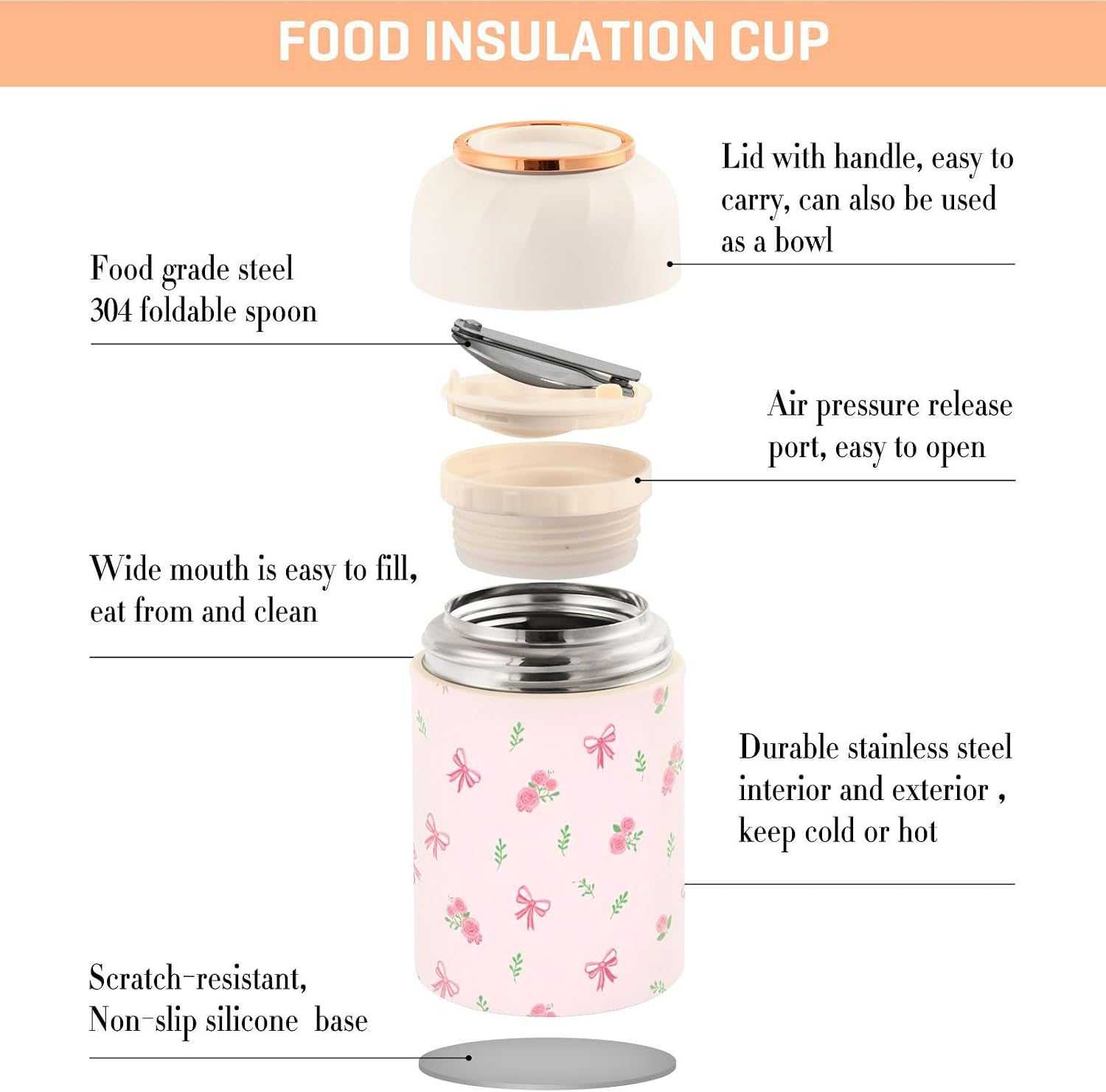 16OZ Vacuum Insulated Food Jar Floral Pattern Pink Stainless Steel Hot Cold Food Thermo with Spoon for Kids and Adult, Lunch Container for School, Office, Picnic