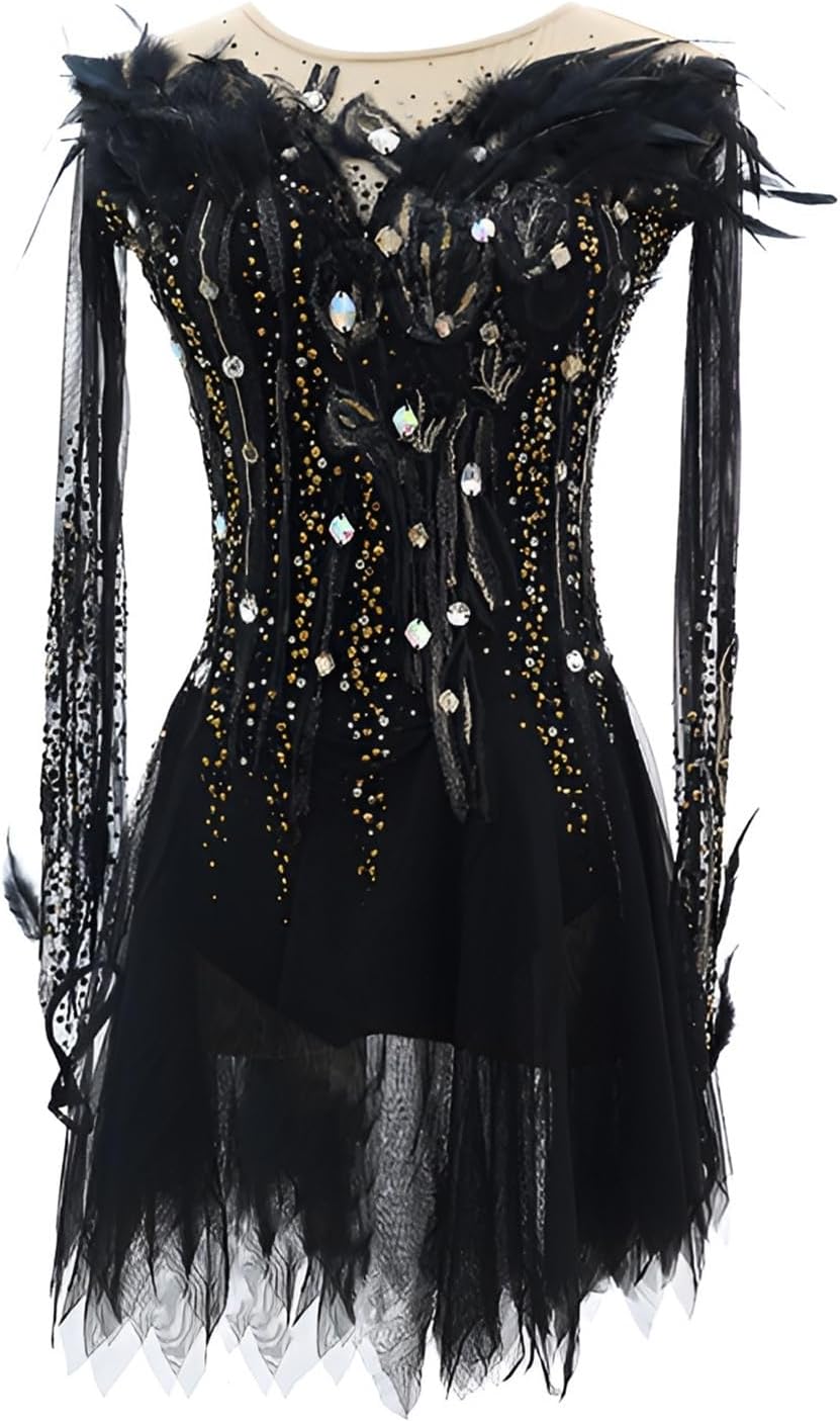 Figure Skating Dress for Women Girls High Elasticity with Rhinestone Ice Skating Dress for Competition