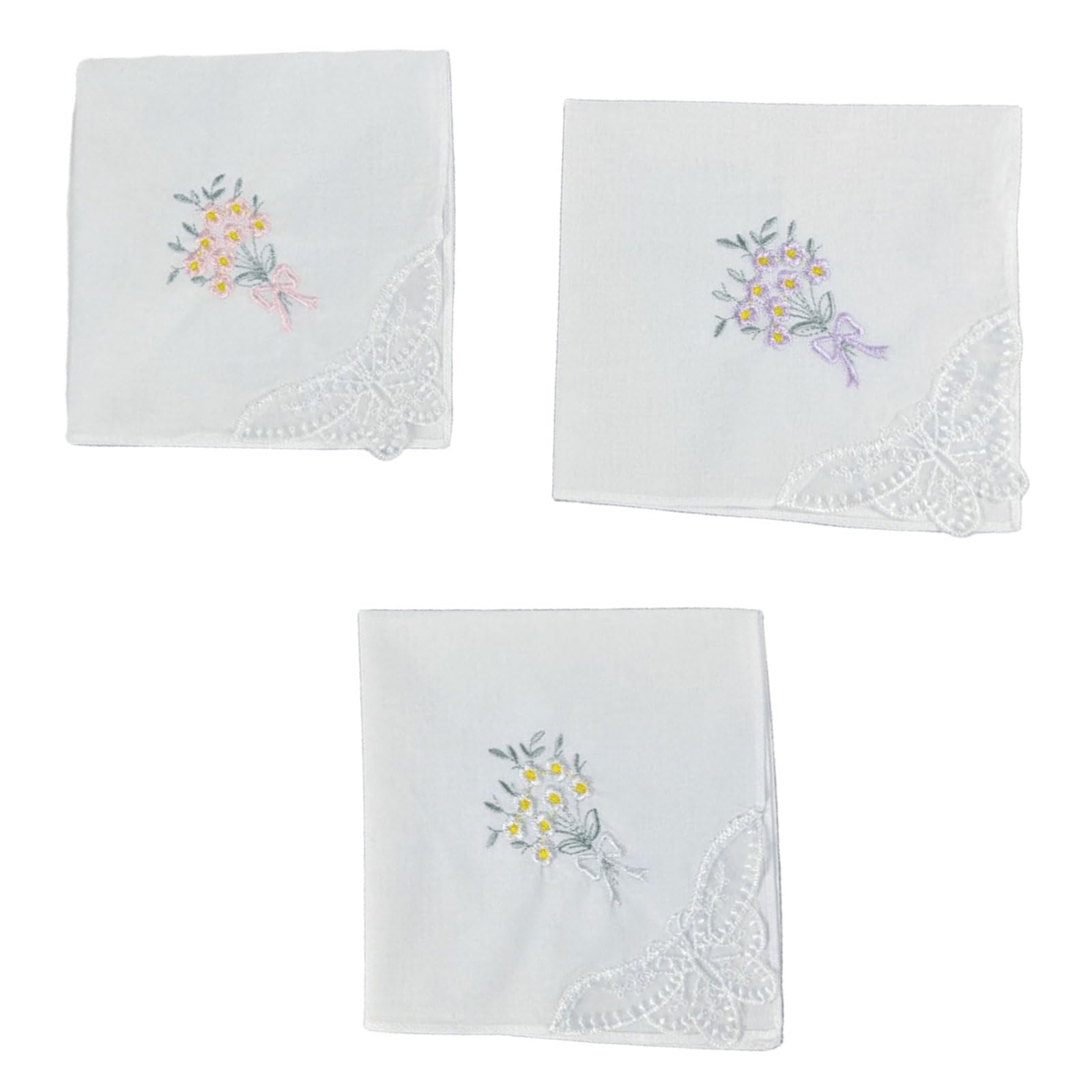 Carotoe Women's 3 Items Portable Flower Embroidered Handkerchief For Soft Cotton Fabric Lightweight Pocket Square Towel Assorted Color Cotton Handkerchief