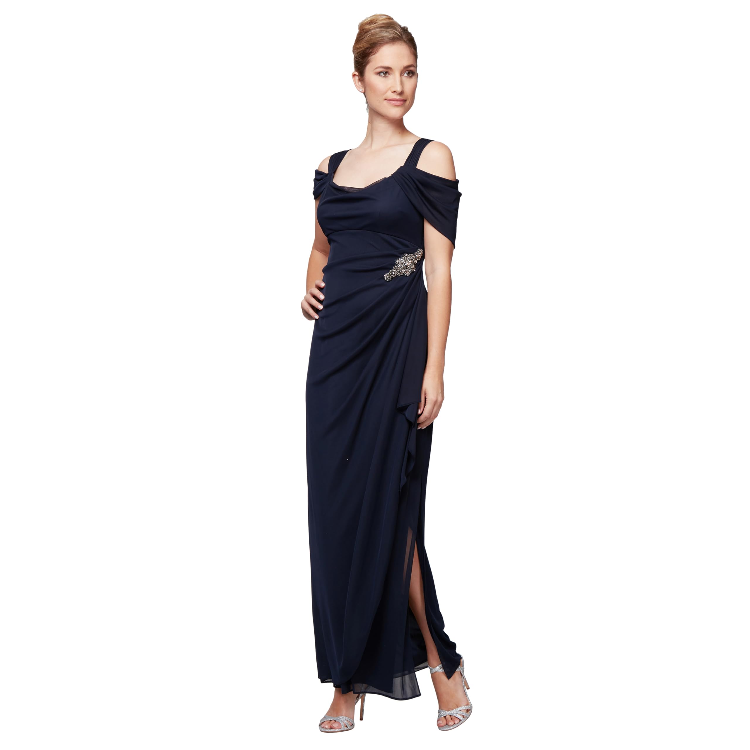 Alex Evenings Women's Long Cold Shoulder Dress, Mother of The Bride, Formal Events (Petite and Regular Sizes) Special Occasion, Beaded Navy, 14