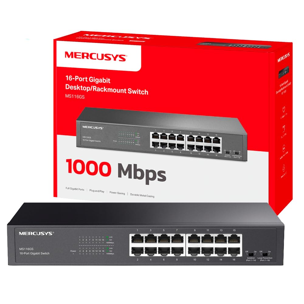 Mercusys Switch Ethernet Gigabit 16 Ports RJ45, Boîtier Métal, MS116GS | Ports 10/100/1000 Mbps, Plug & Play, Compatible avec PC TV Imprimante Caméra Routeur, Idéal pour les PME/Bureaux/Télétravail