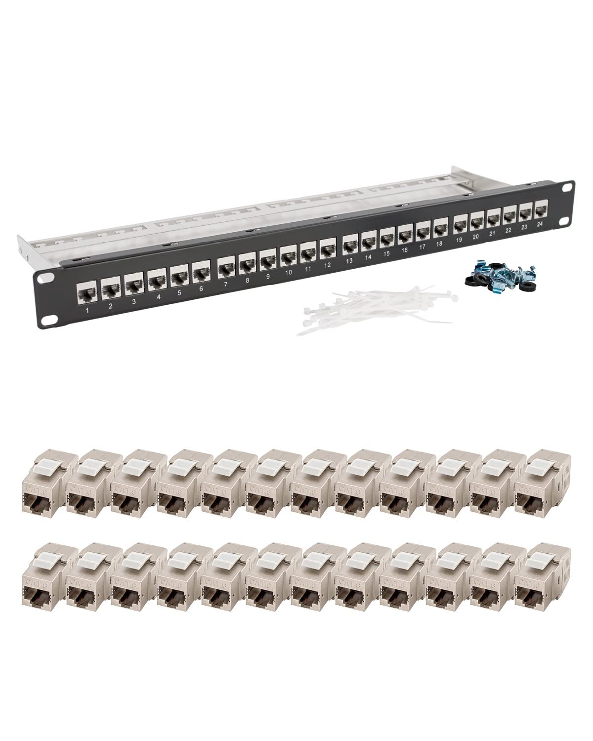 Panel de conexión de 24 puertos, 1U, 19 pulgadas, incluye 24 módulos Keystone Cat. 8.1, conector RJ45, 40 Gbits, STP totalmente apantallado, para cables AWG22-24, Cat. 7a, Cat. 6, Cat. 6,