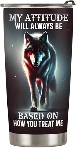 64HYDRO - Taza viajera de café, 20 onzas, con tapa y doble pared aislada al vacío, regalo de actitud de lobo para papá, marido de hija, hijo,