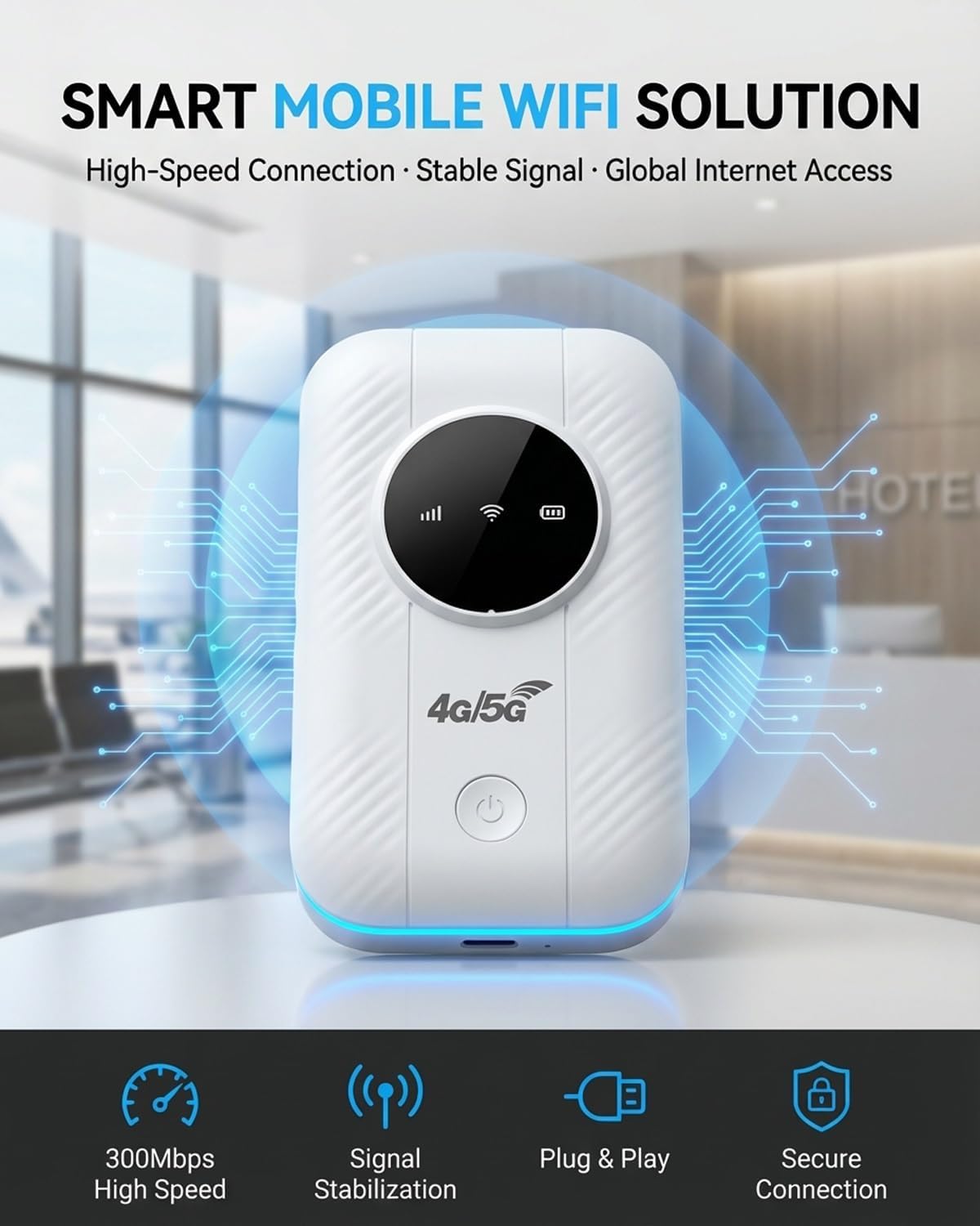 Ultra Link Pocket WiFi Satellite Internet Free in Your Porter Unlimited High Speed Smart Router Mobile Hotspot for International Travel up to 10 Devices(Black)