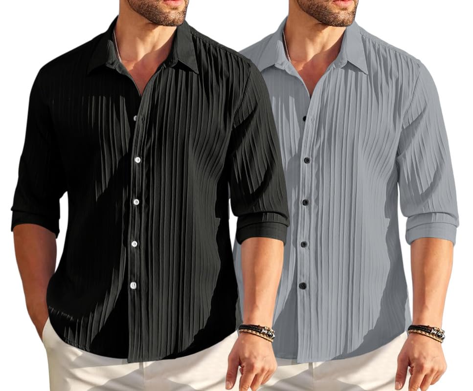 Image of FINIVO FASHION Men's Cotton Blend Shirt Set Lightweight, Full Sleeves, Plain Texture, Button Closure, Summer Ready (Pack of 2)