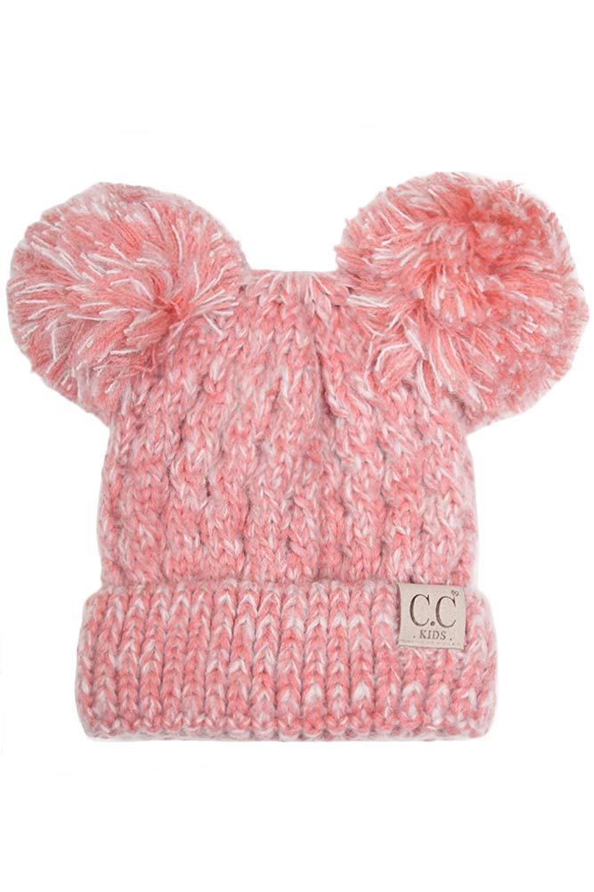 JINS CLOSET Children Kids Girl Boy Ages 2-7 Two Tone Knitted Chunky Thick Stretchy Solid Color Pom Pom Beanie