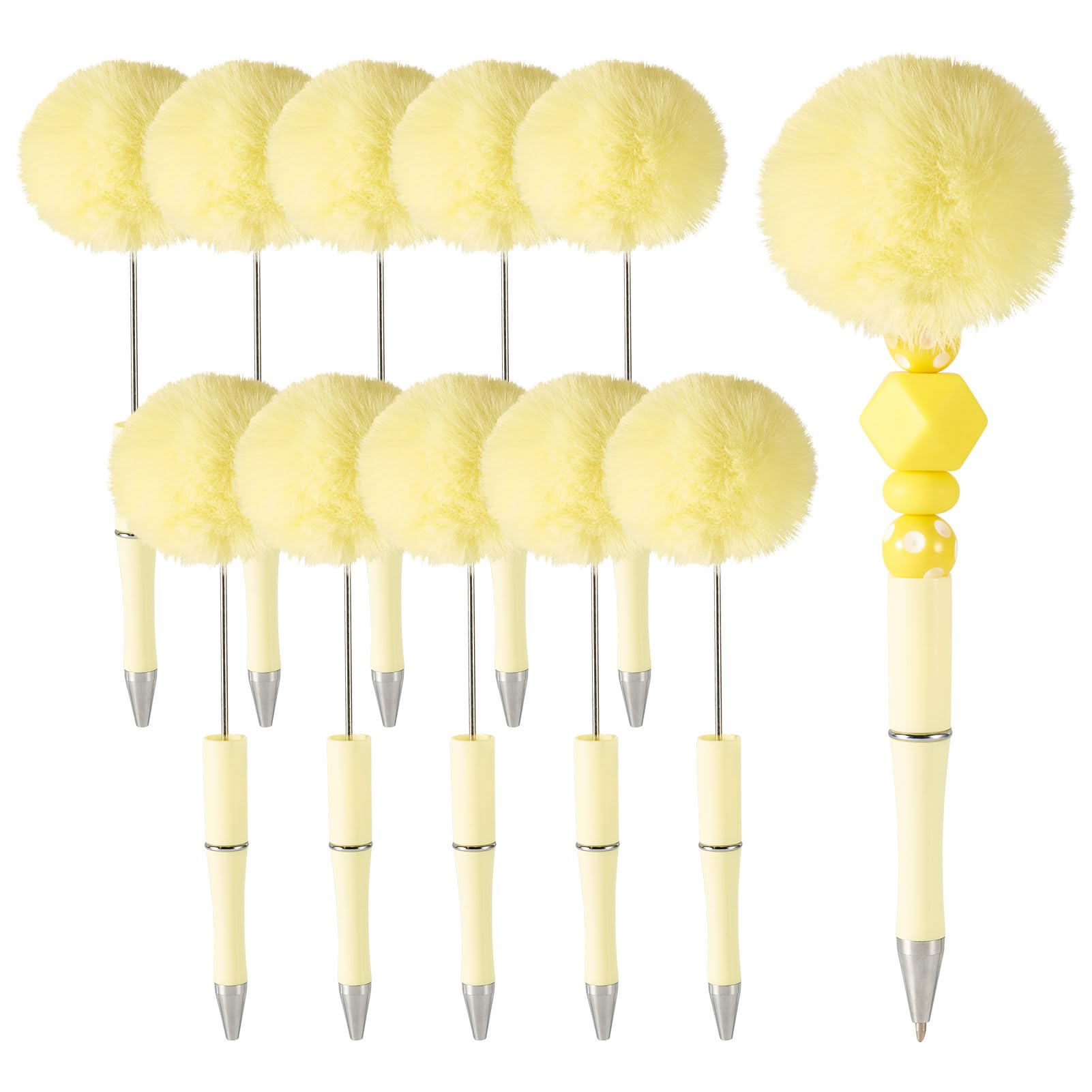 pandahall 10pcs Fluffy Beadable Pens Yellow Ballpoint Pen Pom Pom Ball Bead Pens Plastic Beaded Pen for Gifts Teacher School Office Craft Supplies