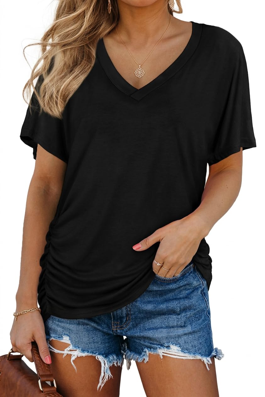 Chicrise Tshirt Damen Sommer V Ausschnitt T Shirt Kurzarm Einfarbig Plissee Basic Bluse Casual Elegant