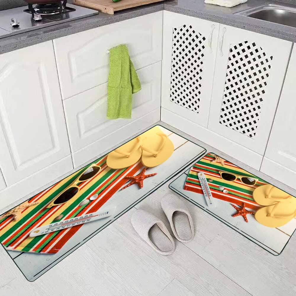 Musesh Kitchen Rugs 2 Pieces,Flip Flops Ball Tablet Seashell Starfish Tropical Flowers Sandy Beach Soft Non-Slip Kitchen Mat Set 17"X48"+17"X24" Rug for Kitchen