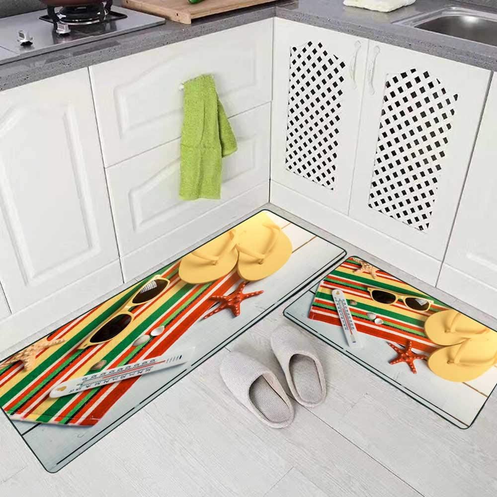 Musesh Kitchen Rugs 2 Pieces,Flip Flops Ball Tablet Seashell Starfish Tropical Flowers Sandy Beach Soft Non-Slip Kitchen Mat Set 17"X48"+17"X24" Rug for Kitchen
