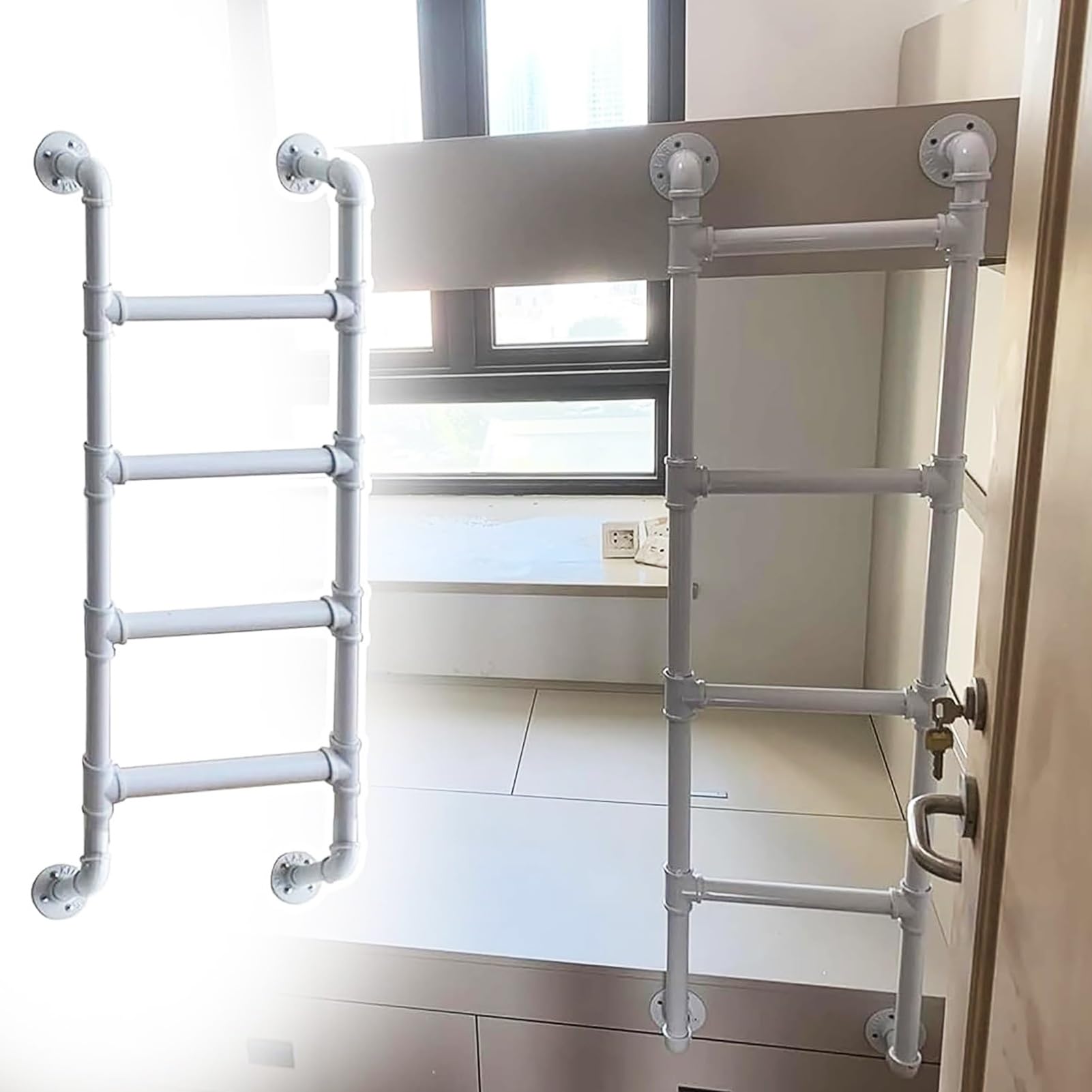 Window Well Ladder, White Bunk Bed 4-6 Step Wall Mounted Metal Step, 300LBS Wrought Iron Basement Well Egress