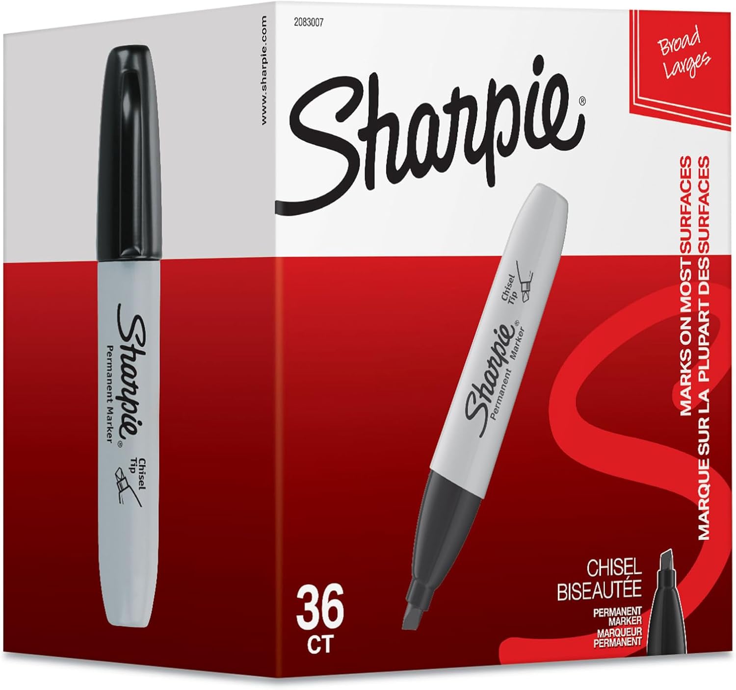 Sharpie® Permanent Markers, Chisel Tip, Gray Barrel, Black Ink, Pack Of 36 Markers