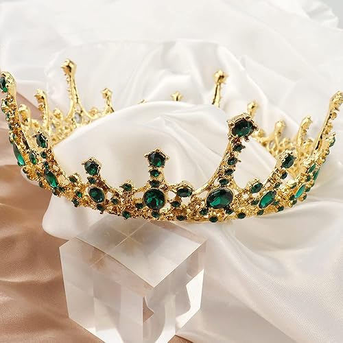 Miniatura 3 de NODG Coronas doradas para mujer, tiaras para mujer con gemas verdes, tiaras doradas para mujer, corona de boda redonda de cristal para mujer, tiaras