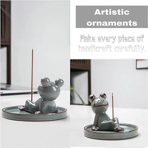 Miniatura 5 de Soporte para incienso de rana, soporte para varillas de incienso con 40 varillas de incienso, quemador de cerámica para cenizas, soportes de