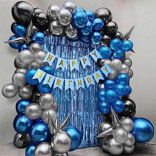 Image of Just Party Set of 60 Pcs - 15 Blue 15 Silver & 15 Black Metallic Balloons, Blue Happy Birthday Banner, 2 Blue Curtains Theme Backdrop