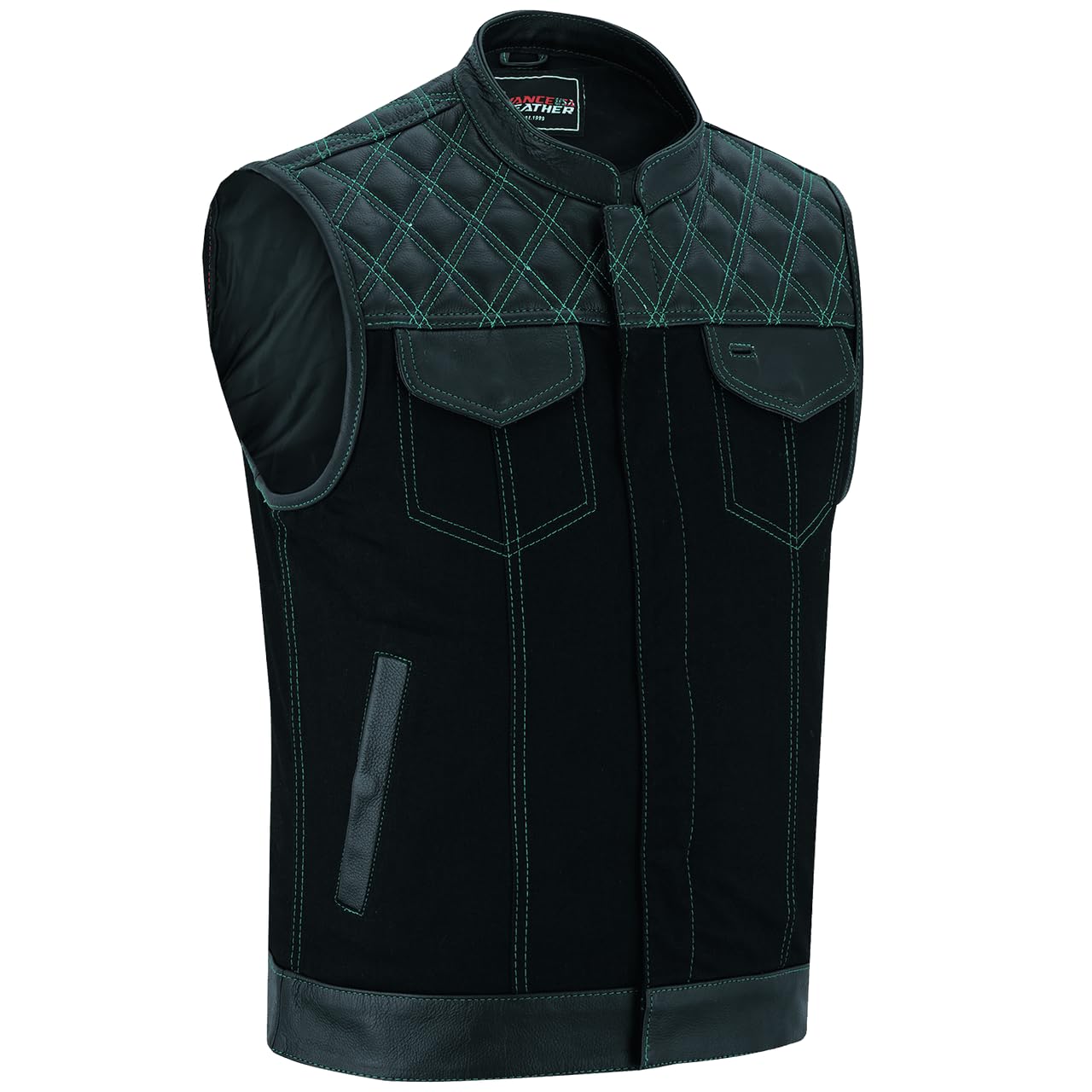 Men's Denim & Leather Motorcycle Vest w/Dual Interior Pockets, SOA Biker Club Vest