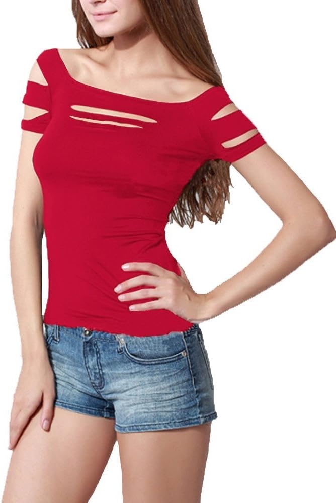 Fashion Casual Style Cold Off The Shoulder Ripped Cut-Out T-Shirt Top M Red