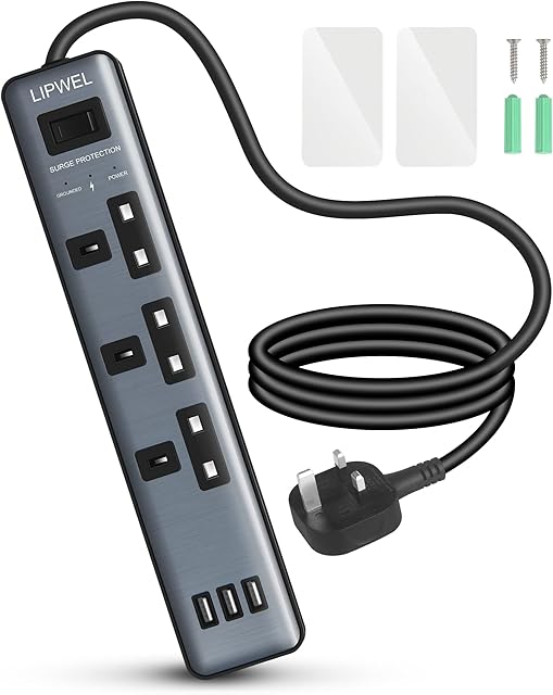 LIPWEL Extension Lead with USB Slots,6FT Extension Cord,3 USB Ports Power Strip,1000J Surge Protector,3250W,Overload protection