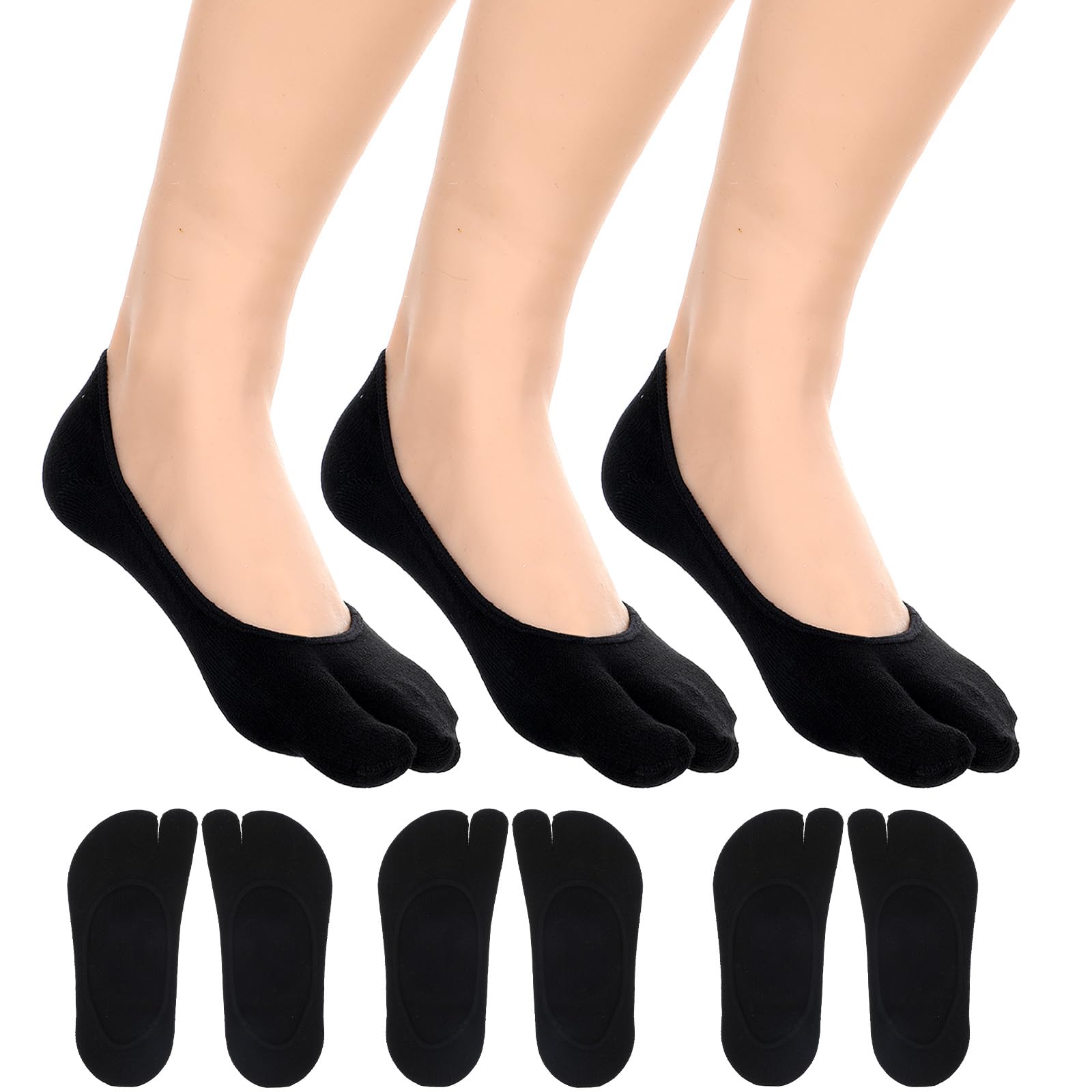 Piriuuo Tabi - 3 paia di calzini infradito da donna, taglio basso, punta divisa, in cotone, antiscivolo, alla caviglia, per sandali