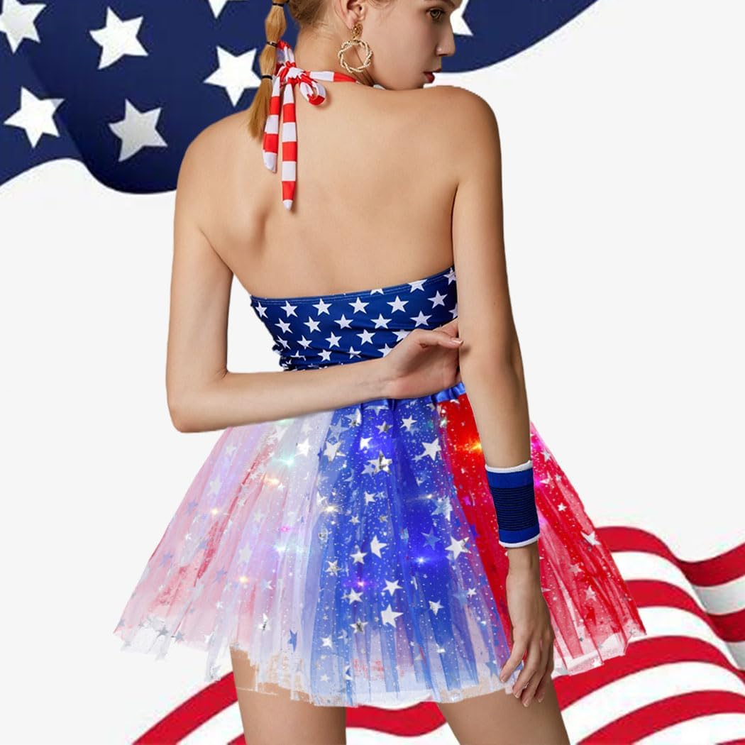 Light Up 4th of July Tutu Skirt Sparkly Independence Day Tutu Skirts Layered Tulle Dance Skirt for Women and Girls