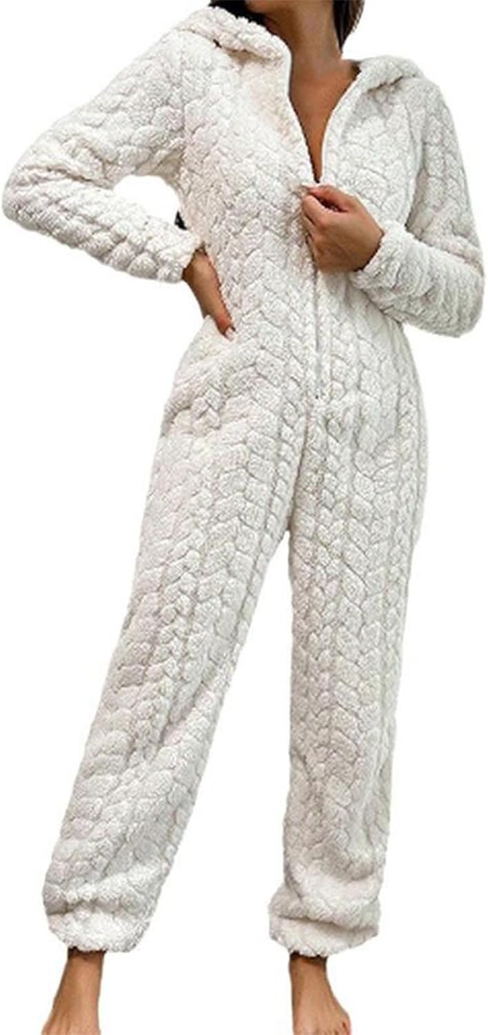 HGps8w Coral Velvet Fleece Onesie Pajamas for Women Jumpsuit Warm Sherpa Romper Sleepwear One Piece Zipper Hooded Playsuit