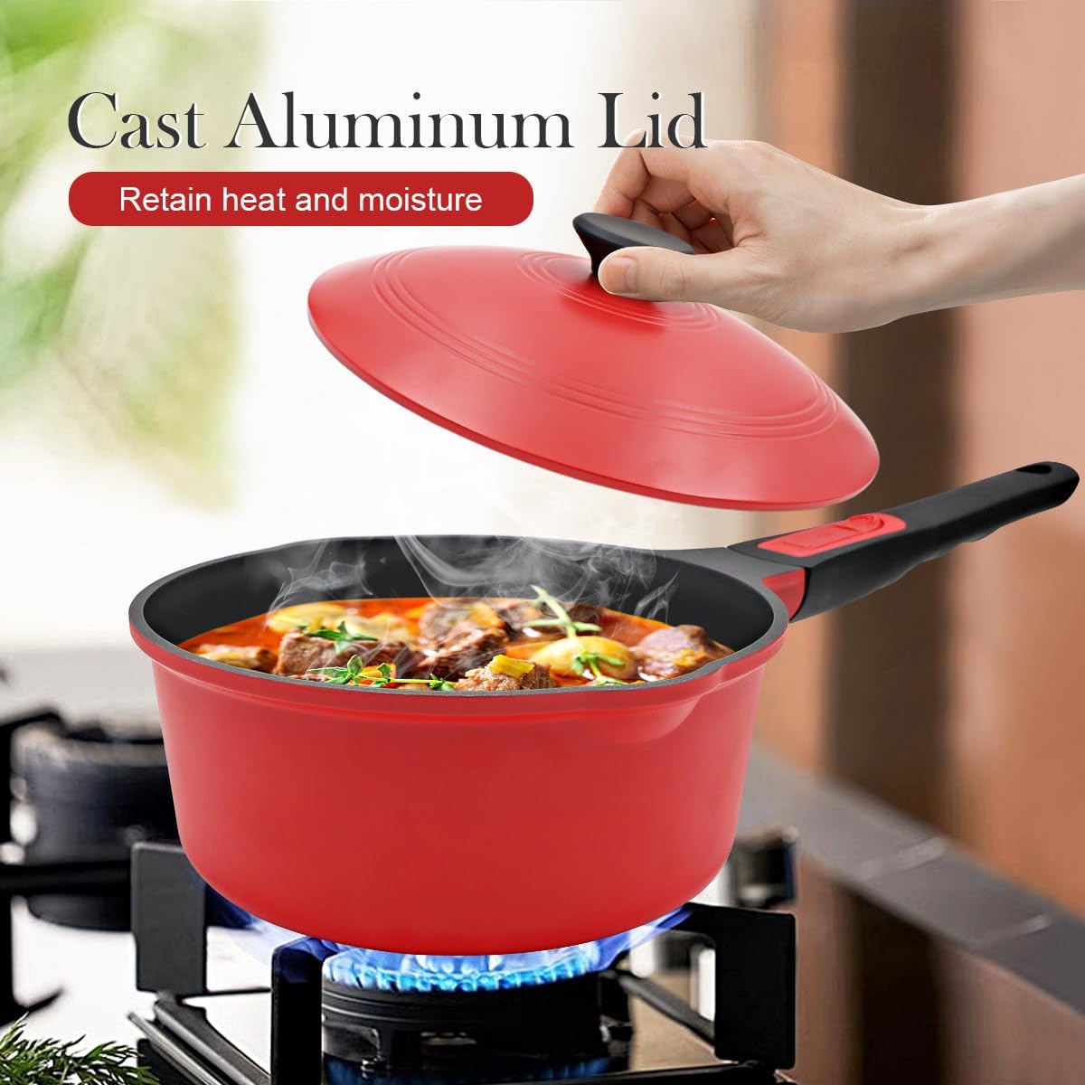 2.5 Quart Nonstick Saucepan with Lid, Sauce Pan with Pour Spout, Cooking Pot Non Stick, Milk Pan with Detachable Handle, Induction Pot, Oven Safe, PFOA Free, Red