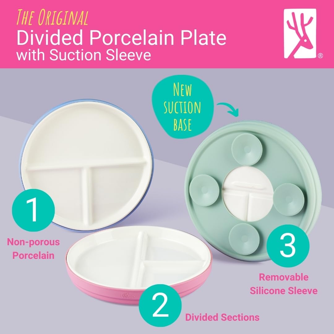 Elk and Friends Kids 7.8” Porcelain White Divided Plates with Silicone Suction Sleeves, Orange/Blue/Yellow/Green - Image 2