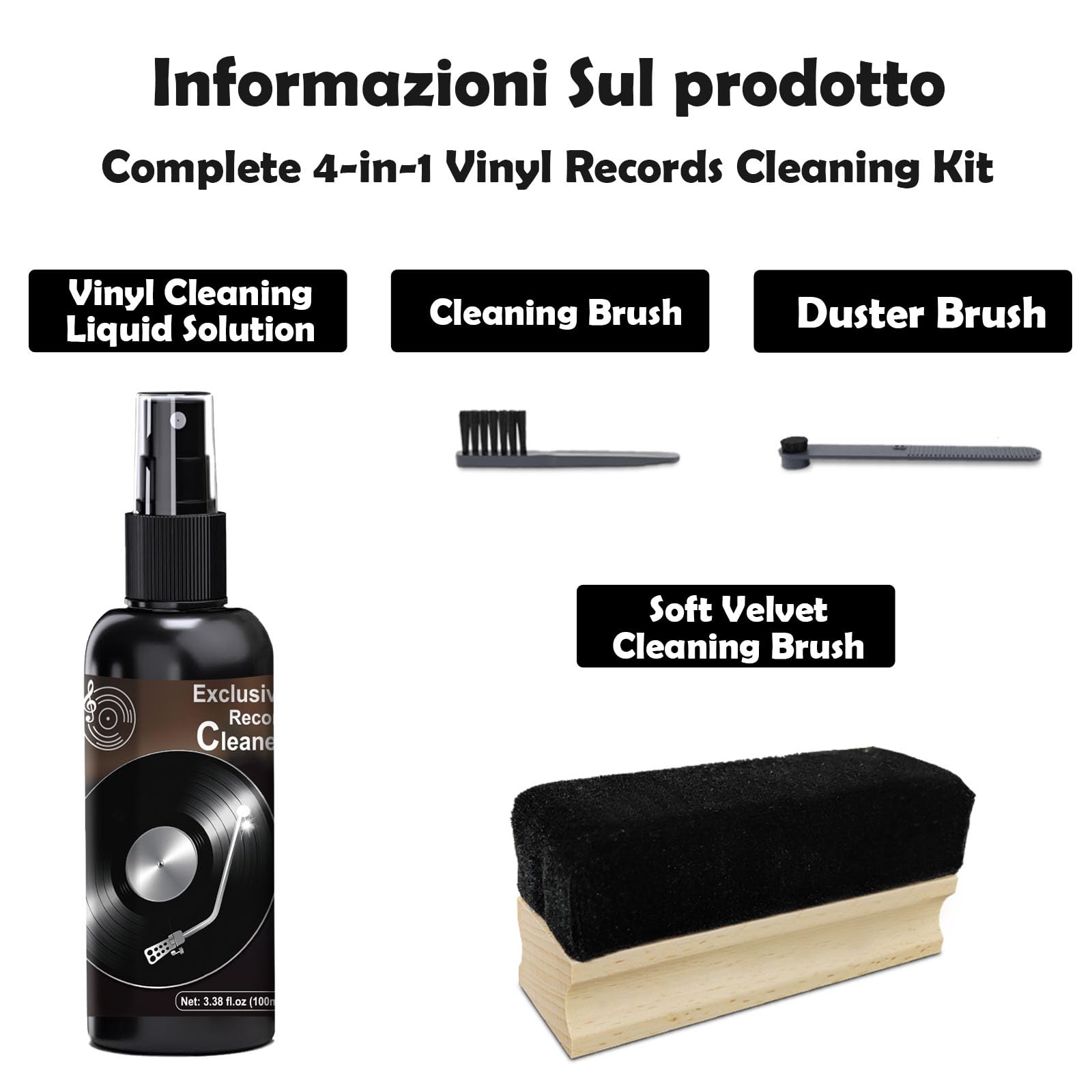 Kit de limpieza de discos de vinilo – Kit completo de limpieza de discos de vinilo 4 en 1, limpiador de discos de vinilo de 100 ml, cepillo de registro de terciopelo suave, cepillo de mango
