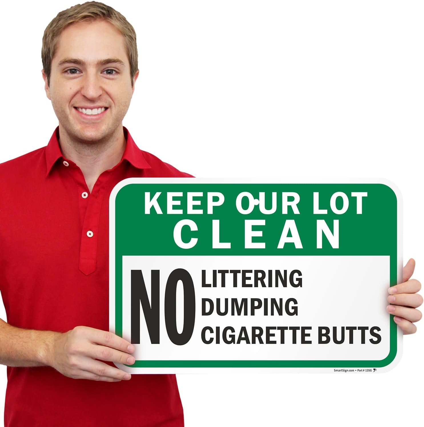 SmartSign 12 x 18 inch “Keep Our Lot Clean - No Littering, Dumping, Cigarette Butts” Metal Sign, 63 mil Laminated Rustproof Aluminum, Green, Black and White, Made in USA