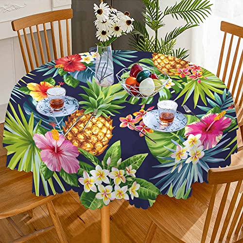 Aoyego Tropical Pineapple Table Cloth Palm Leaves Flowers Summer Fruit Exotic Wild Plant Round Tablecloth 60 Inch For Dining Room, Party, Banquet #TOP2