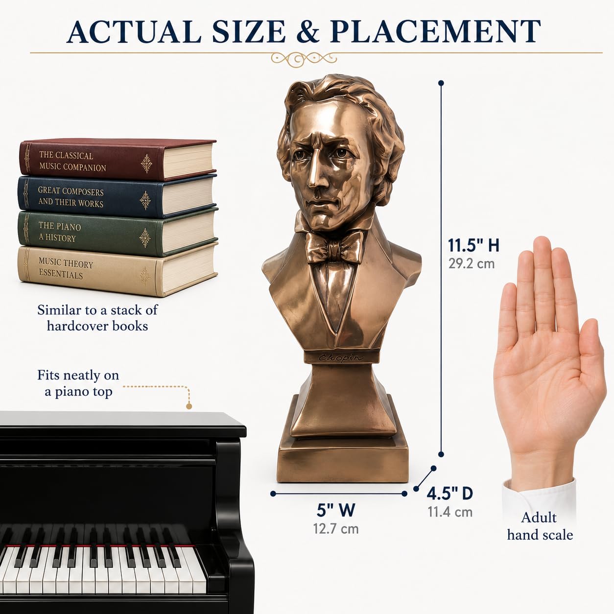Chopin - Estatua de bronce con busto - Escultura clásica de compositor de resina para decoración del hogar, oficina, piano y estantería