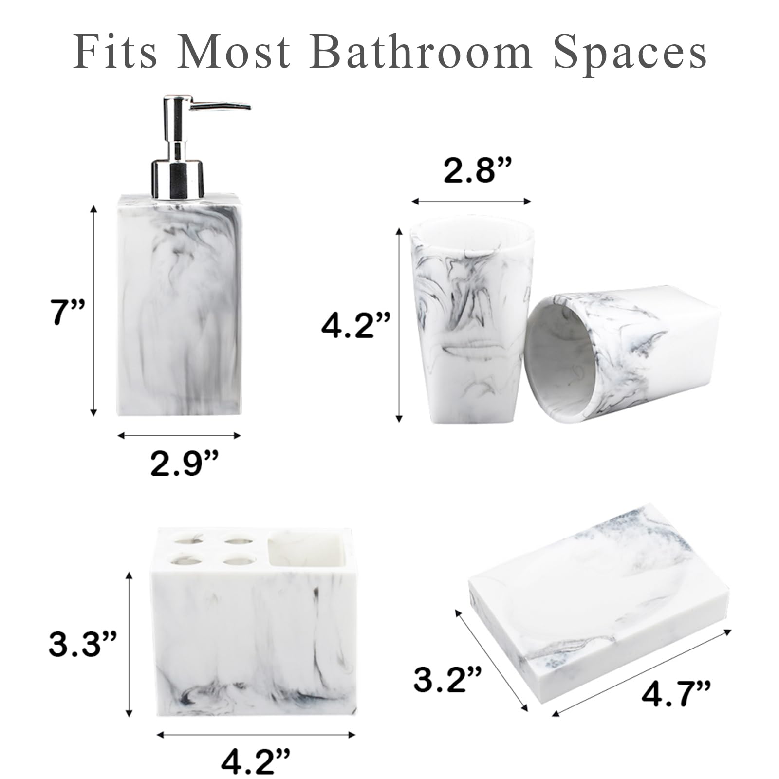 Juego de 5 accesorios para encimera de baño, dispensador para jabón líquido o loción, jabonera, soporte para cepillo de dientes y 2 vasos, resina con patrón de mármol (tinta blanca)