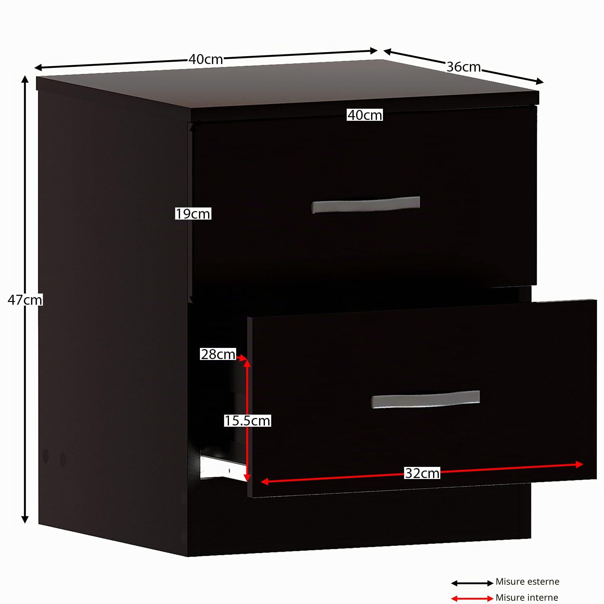 Vida Designs, Comodino con 2 cassetti, Maniglie in Metallo e Guide, Sistema Unico Anti-ribaltamento, per Camera da Letto, Colore Nero