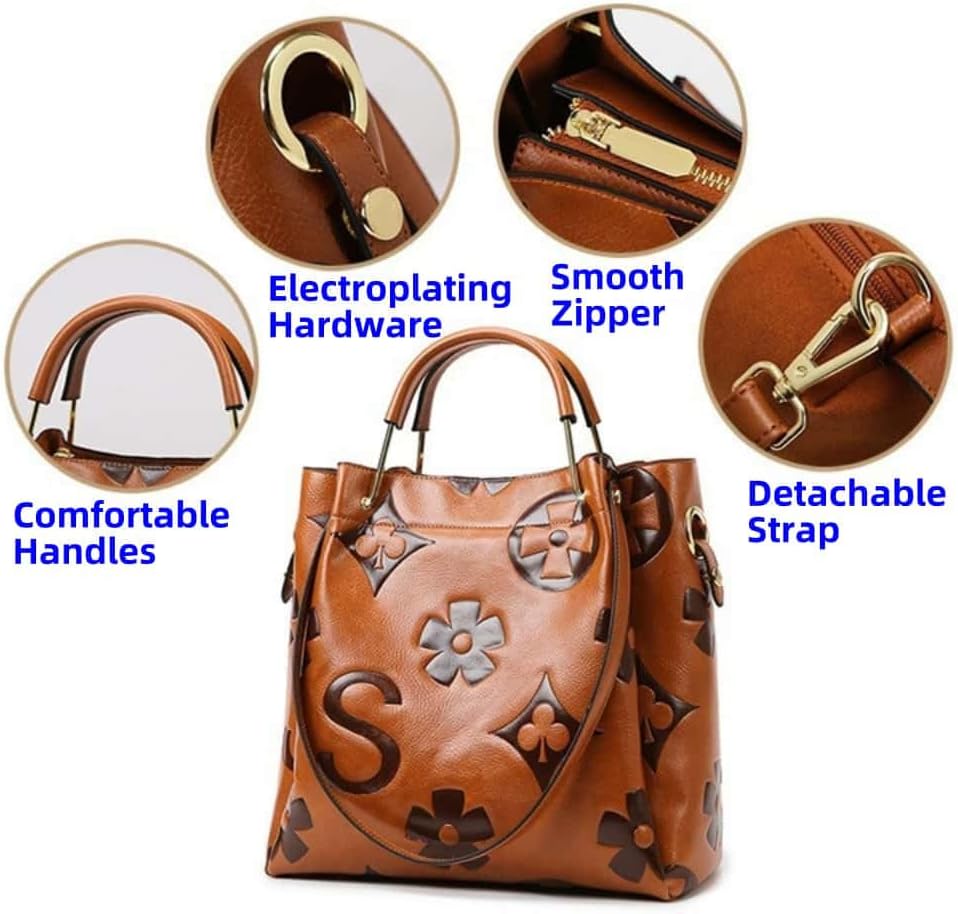 Women Large Tote Bag with Pouch Set of 2 Trendy Retro Floral Embossed Shoulder Handbag Crossbody Bucket Purse Fashion