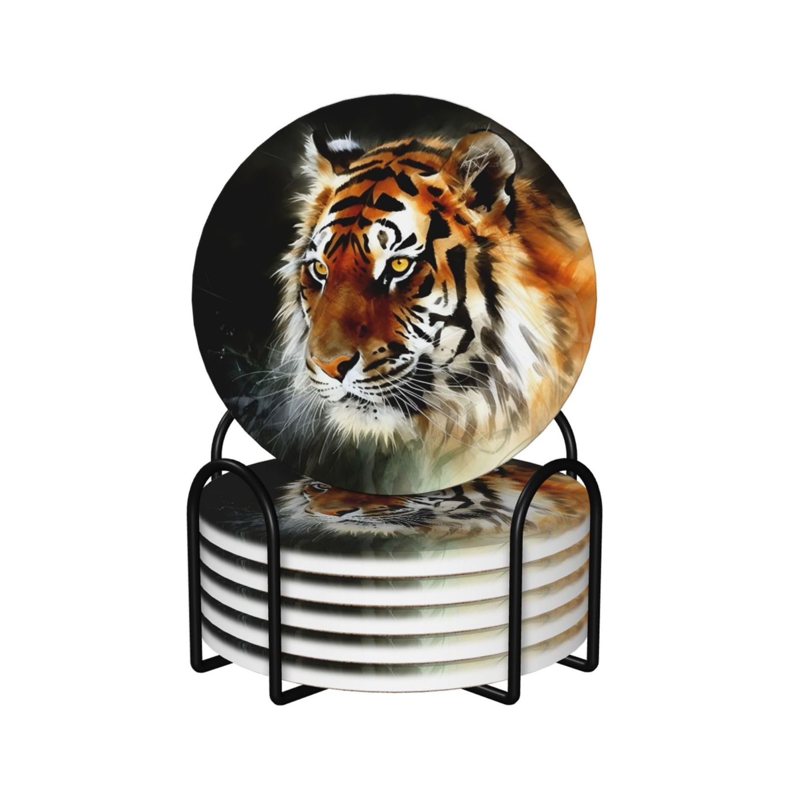 Dessous de verre tigre en céramique (lot de 6) avec support et base liège anti-rayure