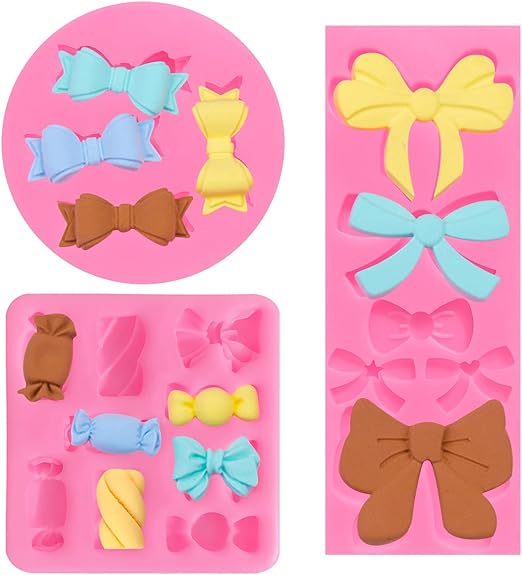 Bow Fondant Molds (3 Pcs) Candy Chocolate Cake Decorating Molds for DIY Candy, Marzipan, Mousse, Jelly, Sugar Craft Paste, Soap, Candles, Epoxy Crafts, Clay Molds, Wedding Dessert Place desk