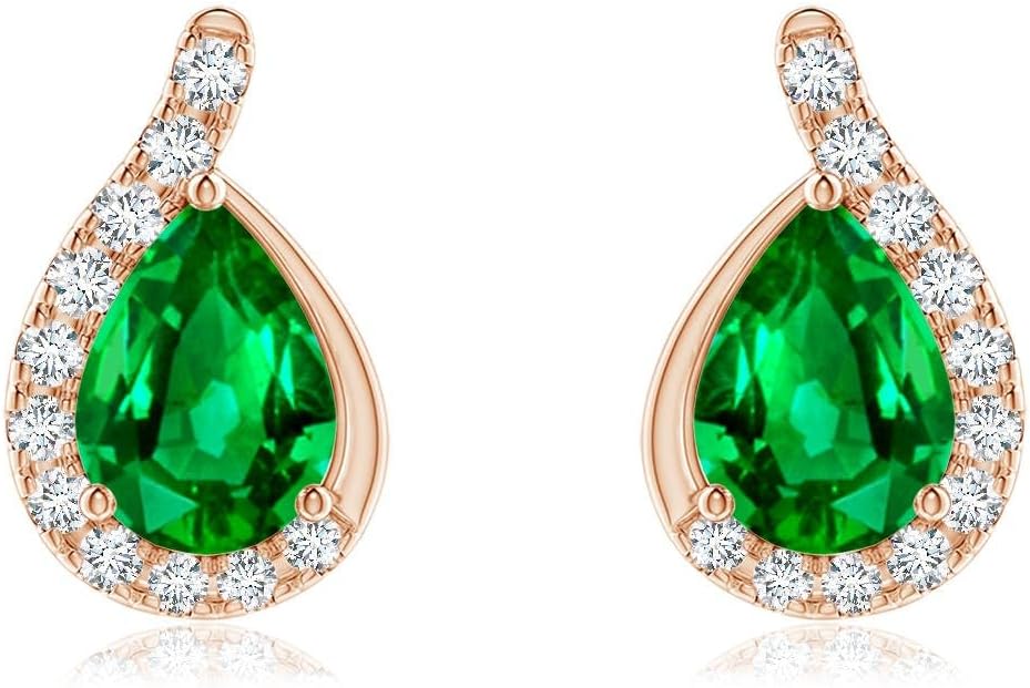 ANGARA - Women's Stud Earrings in 14K Solid Gold/Platinum | Pear Gemstone Earrings with Diamond Swirl Frame | Birthday, Anniversary Gemstone Jewelry