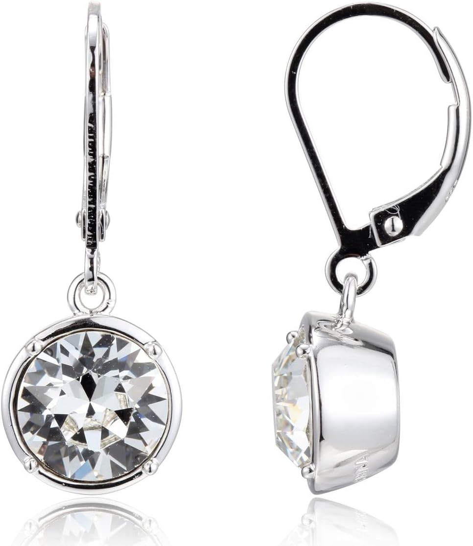 Amazon Collection Sterling Silver Bezel Set Round Crystal Lever Back Dangle Earrings - Image 2