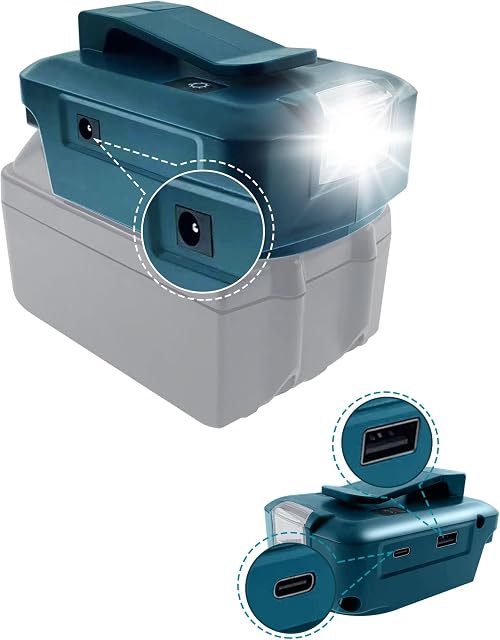 URUN Battery Adapter for Makita 18V ADP05 with LED Work Light & USB Port & DC Port&TYP-C Port, Power Source Charger for Makita 14.4V -18V Lithium Battery (Tool ONLY)