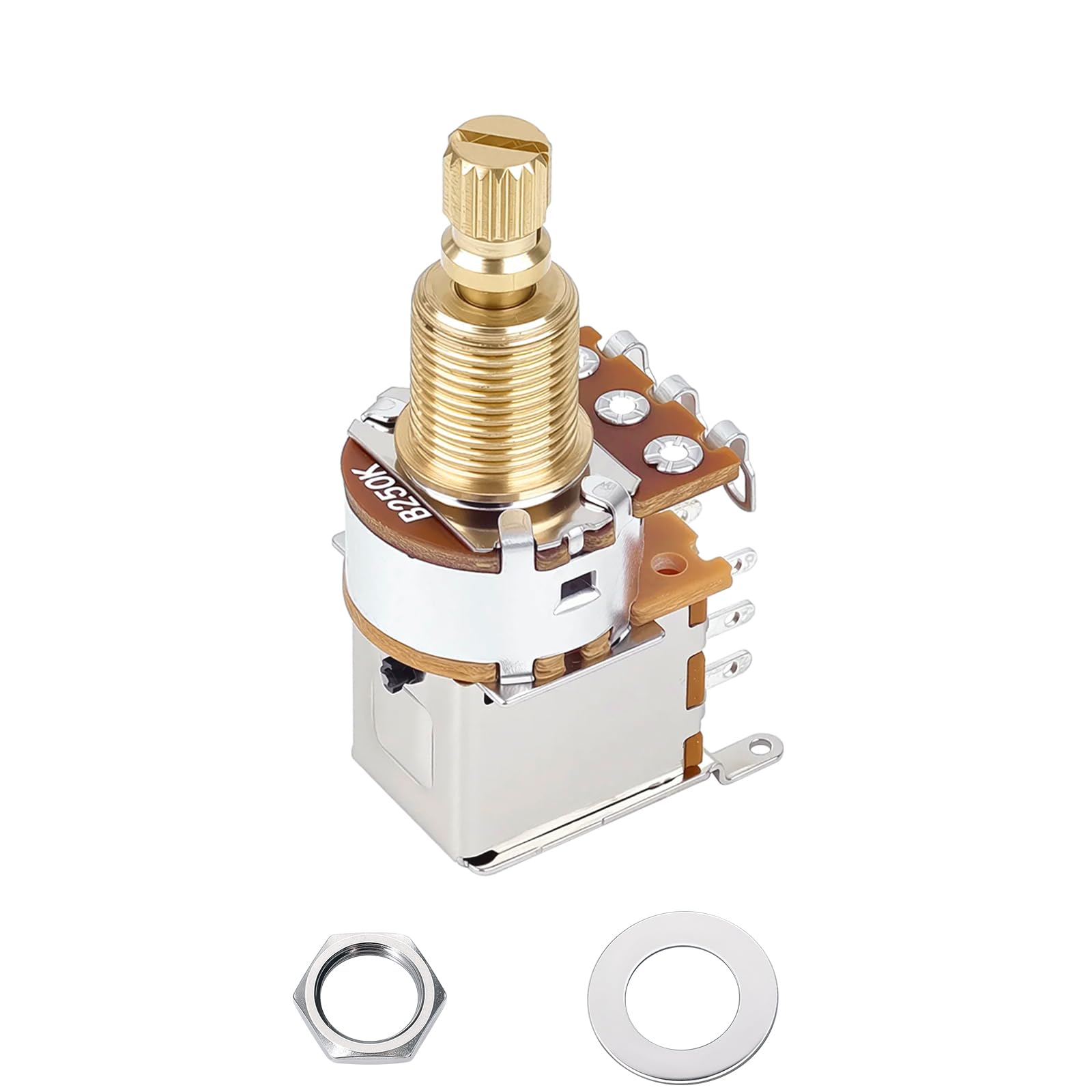 Banworks Full Brass 3/8" Thread Guitar Push Push Pots B250K 18-Spline Pots | 18mm Length Split Shaft Imperial Linear Taper Potentiometers for Fender Strat/Tele Gibson Les Paul LP/SG PRS 1Pc JT/XNQ-07