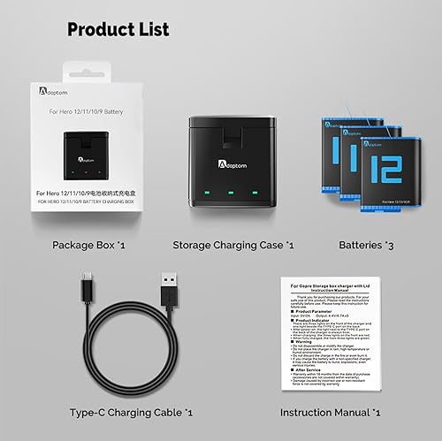 Miniatura 9 de Paquete de 3 baterías Hero 10, cargador rápido de almacenamiento USB de 3 canales Adaptom para batería GoPro Hero 10 9, totalmente compatible con